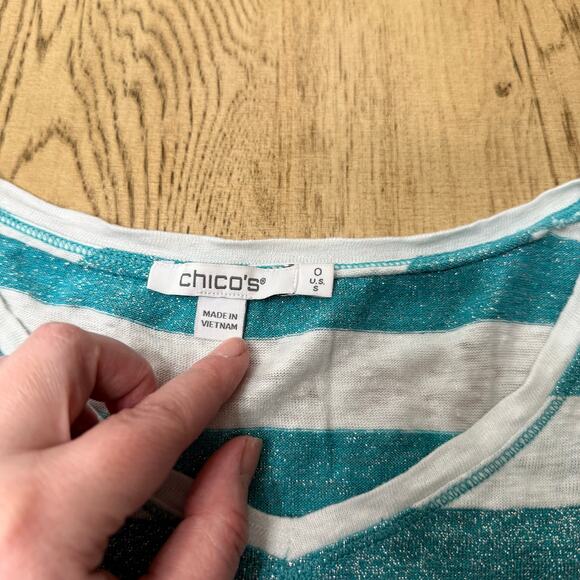 Chico’s Women’s 0 Small Sparkle Teal White Striped Tinsel Tee - Picture 3 of 7